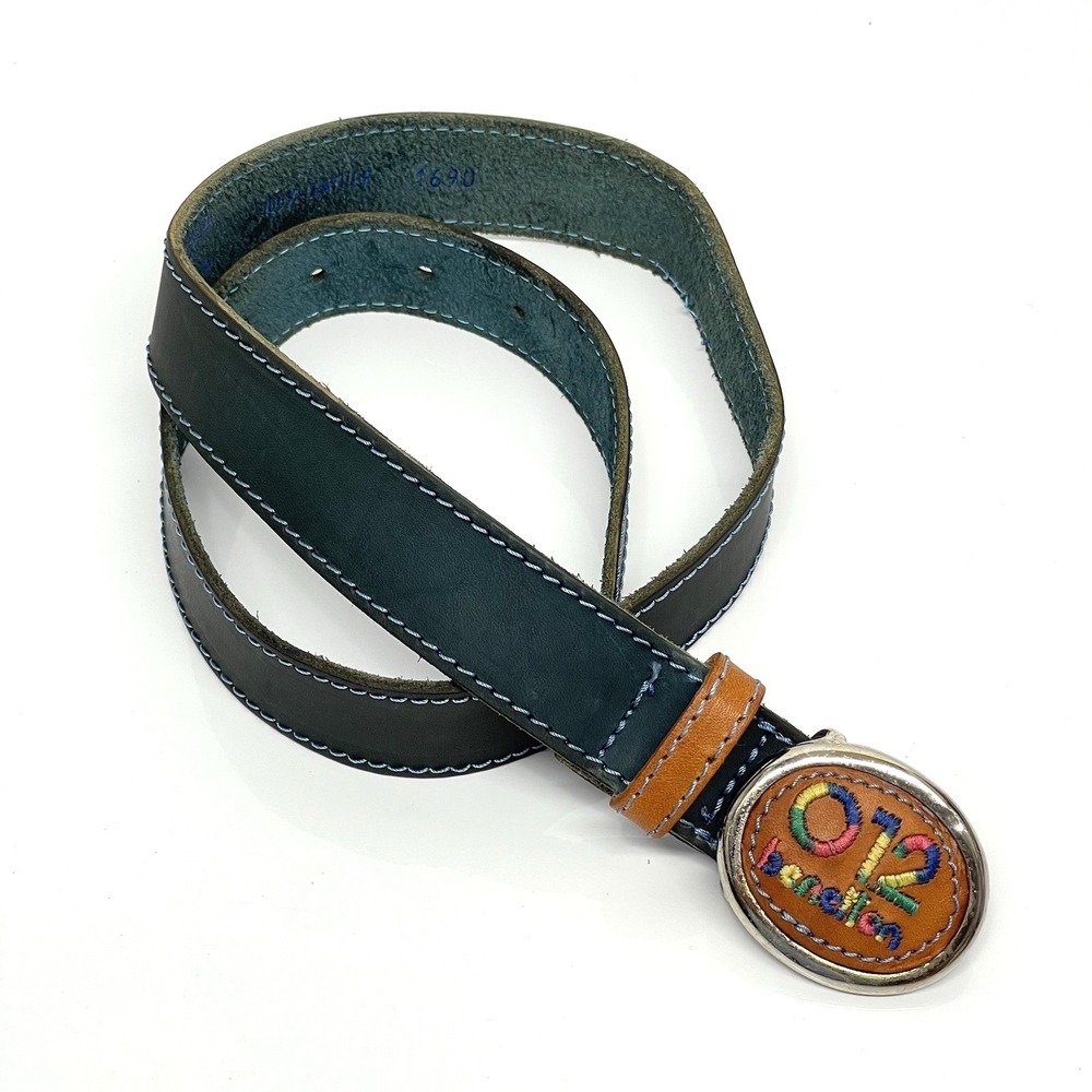 Vintage 80s Benetton Kid's L Belt Embroidered Buckle 100% Leather Made Italy